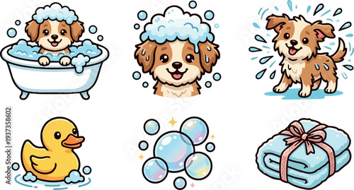 Whimsical kids doodle puppy bath icon set playful wet dog in tub shaking with bubbles rubber duck and folded towel