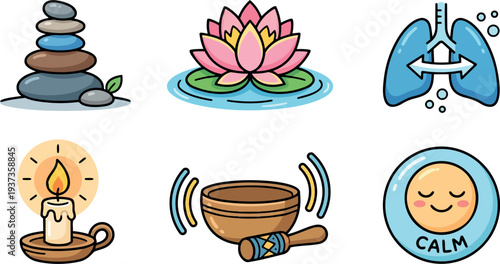 Flat design wellness icon set with stacked stones lotus breathing lungs candle singing bowl and calm badge close up vector