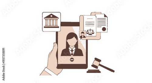 Hand holding smartphone with female lawyer icon court building documents and gavel digital justice concept monochromatic brown tones
