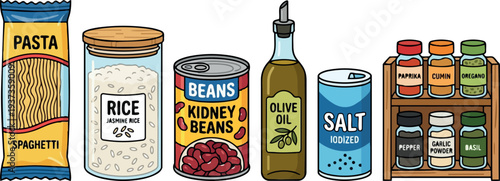 Flat design colorful pantry lineup close up spaghetti pasta rice jar canned beans olive oil salt and spice rack labeled