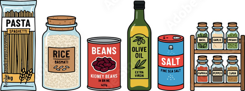 Flat design close up pantry row of spaghetti pasta jar of basmati rice canned beans olive oil salt and spices