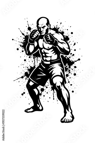 Illustration of a muscular man in a fighting stance with ink splatters around him, showcasing his strength and agility