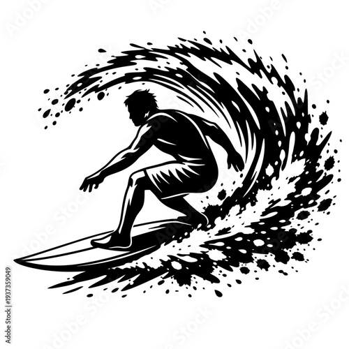 Surfer riding a wave in a dynamic black and white illustration, capturing the thrill of the ocean