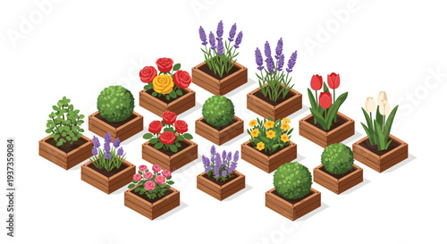 Fifteen isometric square wooden planters, each containing a distinct variety of green bushes, colorful flowers, or herbs, are arranged in a grid.