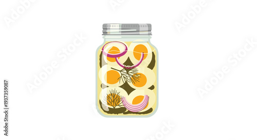 A clear glass mason jar with a silver lid is filled with sliced pickled eggs, green dill sprigs, and vibrant red onion slices in brine.
