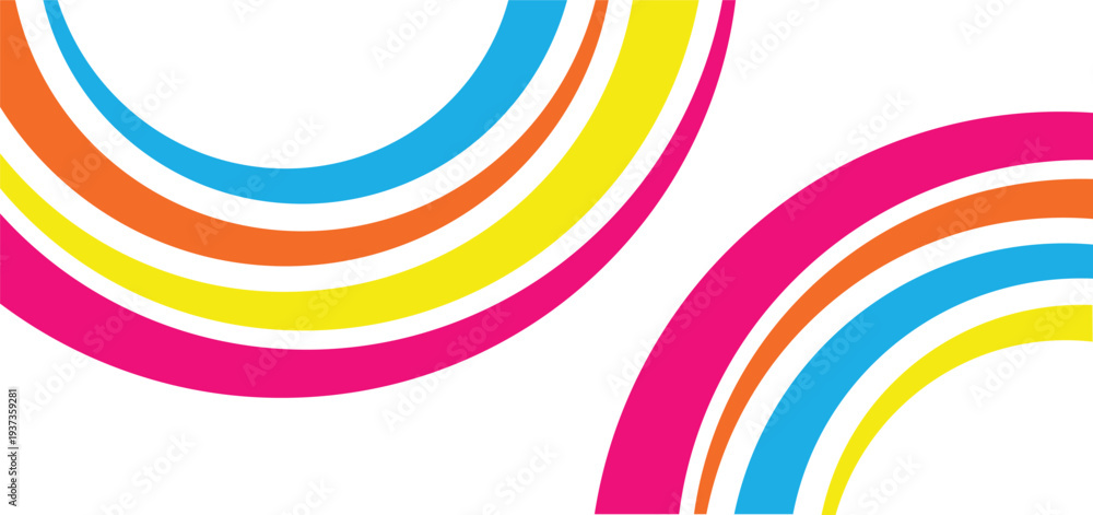 Obraz premium Vibrant double rainbow graphic with pink orange yellow and blue arcs on white background