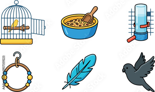 Flat design colorful pet bird icon set cage open door food bowl water dispenser perch ring feather flying dove vector