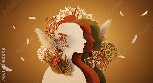Paper cut illustration featuring diverse women's profiles adorned with botanicals, feathers, and mandalas. Ideal for International Women's Day, mental wellness, self-care, spiritual retreats,