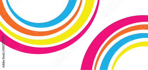 Vibrant double rainbow graphic with pink orange yellow and blue arcs on white background