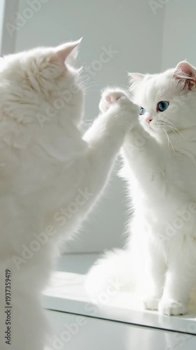Fluffy White Persian Cat Admiring Its Reflection In Mirror
