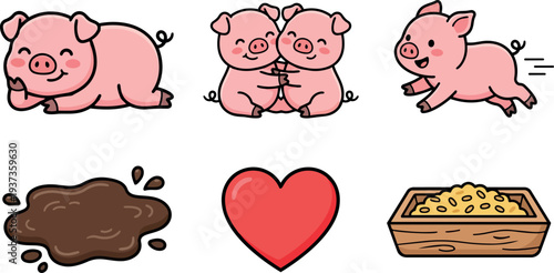 Flat design cute pig icon set showing resting pig hugging pig running pig mud heart feed trough playful bright cheerful