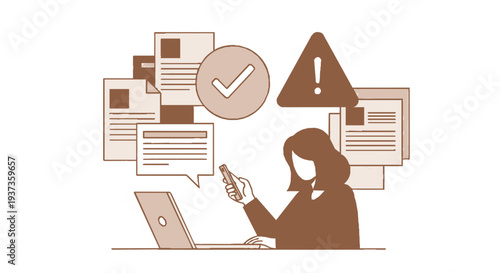 Woman working on laptop holding smartphone surrounded by documents and warning signs illustrating multitasking and potential distractions