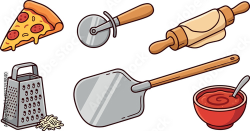Flat design close up cartoon pizza tools pizza slice rolling pin cutter peel grater sauce bowl top view bright playful