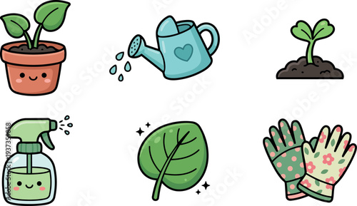 Kawaii gardening vector set with smiling potted seedling watering can gloves and spray bottle close up flat design green illustration