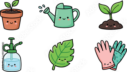 Whimsical kids doodle close up gardening icon set smiling seedling in pot watering can spray bottle leaf gloves flat vector