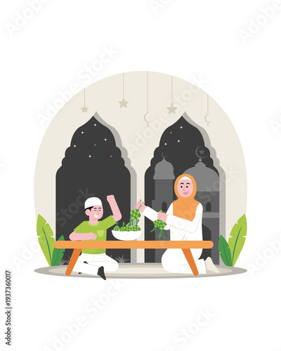 Muslim Mother and Son Preparing Ketupat for Eid Mubarak Celebration Illustration