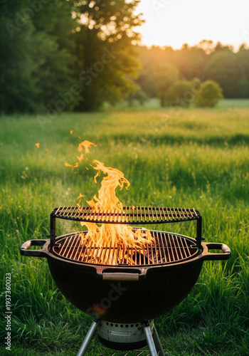 Charcoal grill with flames in green field during sunset  