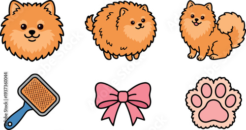 Flat design close up three pomeranian head faces and one full body sitting with brush pink bow cute paw print
