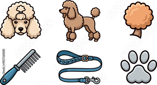 Flat design poodle grooming icon set with poodle head and full body standing leash comb paw brown tones blue collar