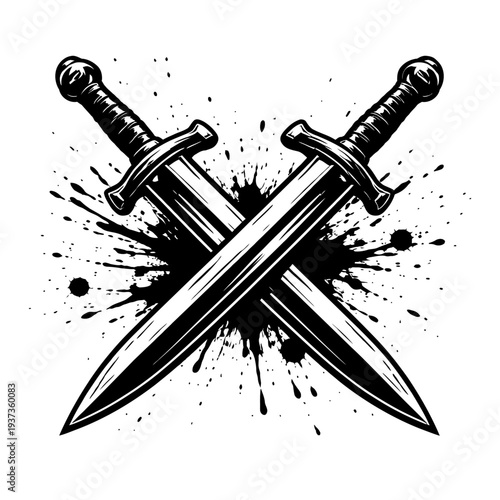 Crossed swords with splattered ink background vector illustration of medieval weaponry