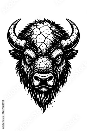 a black and white illustration of a bison head with horns and shaggy fur, symbolizing strength and wild nature.