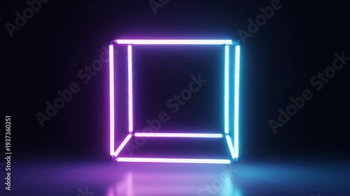 Glowing cube, illuminated with bright blue and pink neon, stands out against the dark backdrop