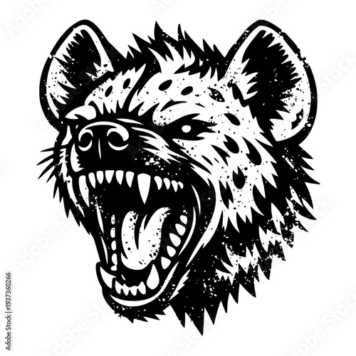 aggressive hyena head illustration with sharp teeth and spotted fur in black and white