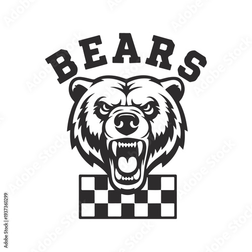 Angry Grizzly Bear Mascot Logo with Bears Text and Checkered Flag - Fierce Animal Vector Illustration for Sports and Racing Team