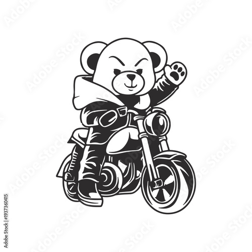 Cool Biker Teddy Bear Riding Motorcycle Black and White Vector Illustration, Grumpy Cartoon Animal in Leather Jacket Mascot Logo