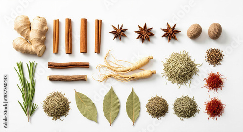 Assorted spices, roots and herbs arranged on white background  