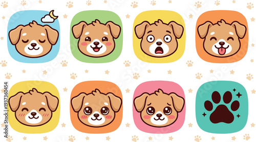 Kawaii vector set of eight dog face emoticons with varied expressions in pastel rounded squares playful cute mood flat icons