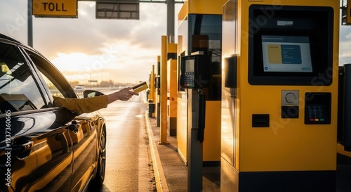 Paying Toll With Card At The Highway, Modern Way Of Transportation, Sunset Road Trip