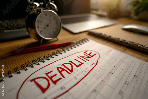 Deadline calendar notebook alarm clock reminder schedule office work planning Urgent deadline marked red calendar notebook with alarm clock wooden desk warm office light creating focused pressure