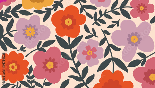 Colorful Floral Pattern, Retro Flower Seamless Design, Botanical Decorative Background.