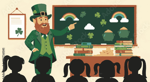 Leprechaun teacher in green suit standing in classroom with chalkboard full of shamrocks and rainbows teaching children education concept