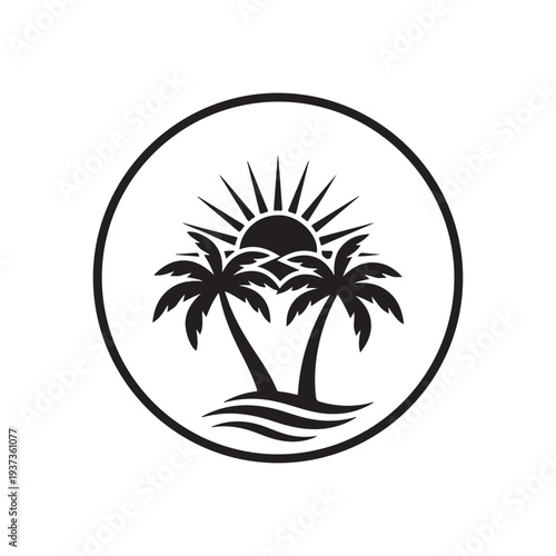 Tropical Palm Tree Sunset Circle Logo Vector - Summer Beach Vacation Emblem for Travel Agency, Resort, and Island Lifestyle Brand