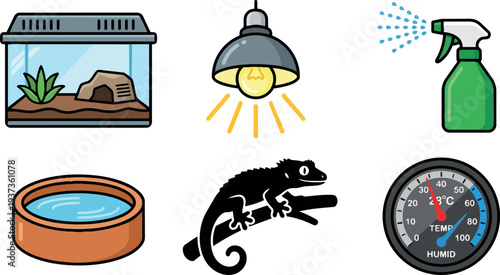 Flat design reptile terrarium setup with chameleon silhouette lamp spray bottle water dish humidity gauge close up top view illustration