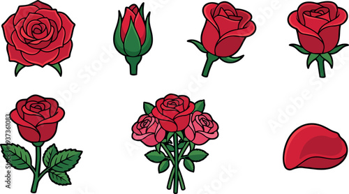 Flat vector rose icon set showing red rose bud bloom stem bouquet close up with bold outline warm romantic mood