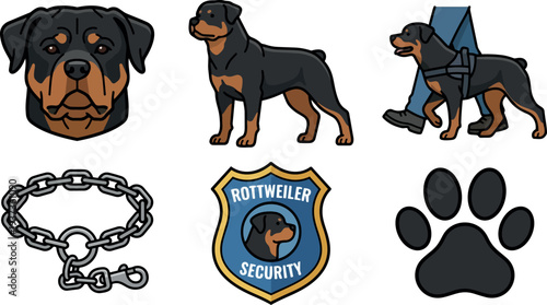 Flat vector rottweiler security icon set showing head and full body walking with harness chain collar badge and paw print