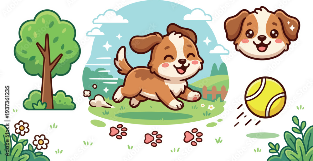 Fototapeta premium Flat design playful puppy running in grassy park chasing yellow ball with smiling face close up aerial view bright spring