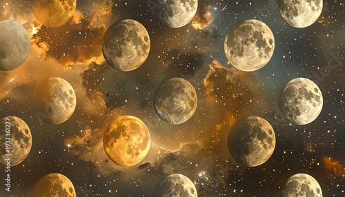 Multiple moons of varying colors and phases float against a starlit, cloudy galaxy background