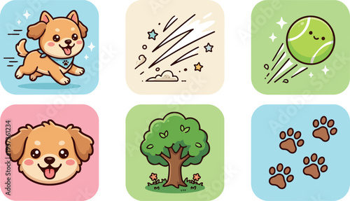 Kawaii flat vector running brown dog looking ahead wearing blue bandana smiling face tennis ball paw prints green tree icons