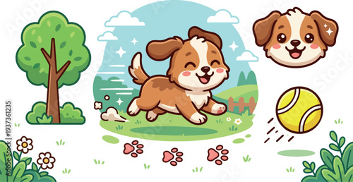 Flat design playful puppy running in grassy park chasing yellow ball with smiling face close up aerial view bright spring