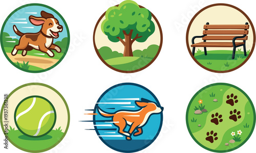 Flat design round park icons set showing running brown dog tree bench tennis ball paw prints and motion blur playful