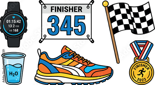 Flat design close up running shoe and finisher bib with watch medal water cup and checkered flag race finish time