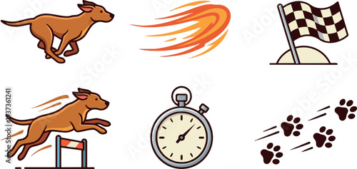 Flat design energetic brown dog running and jumping over a hurdle with stopwatch and checkered finish flag in motion scene