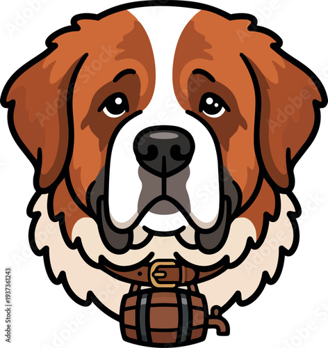 Flat design close up saint bernard dog head with barrel on collar looking at camera brown white fur friendly expression