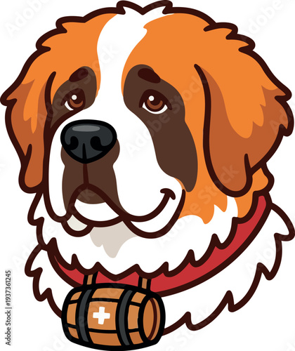 Mascot vector saint bernard dog face with rescue barrel around neck looking up friendly flat cartoon illustration brown and white