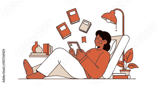 Relaxed person in orange shirt reading a book in a cozy chair surrounded by floating books and a modern lamp
