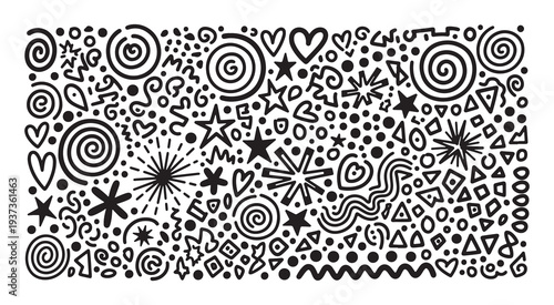 A playful hand drawn doodle featuring stars hearts spirals and geometric shapes in black ink on a white background